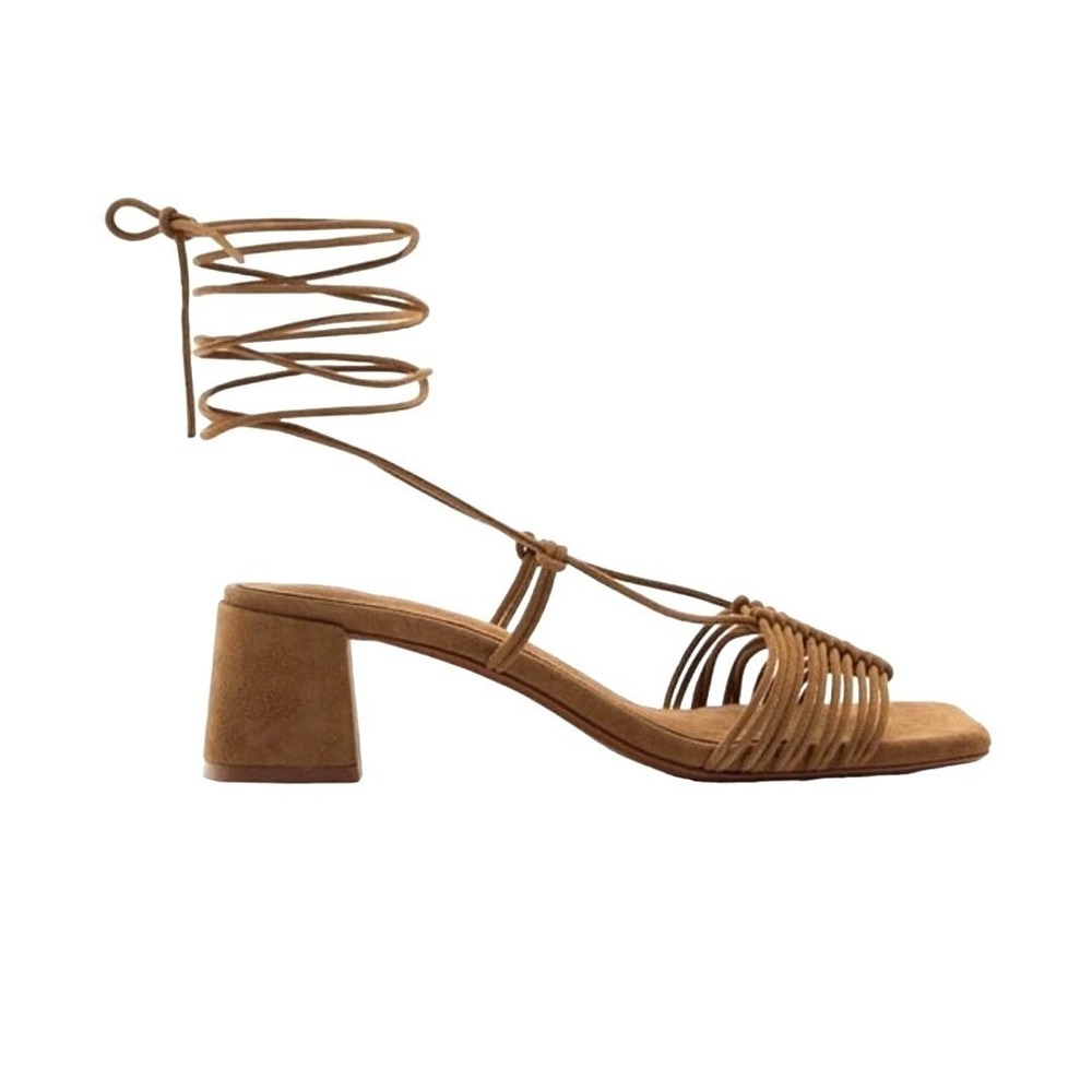 ZARA Lace Up Block Heel Sandals Brown Faux Suede Square Toe Strappy Sz 41 / 10.5 - Picture 2 of 14